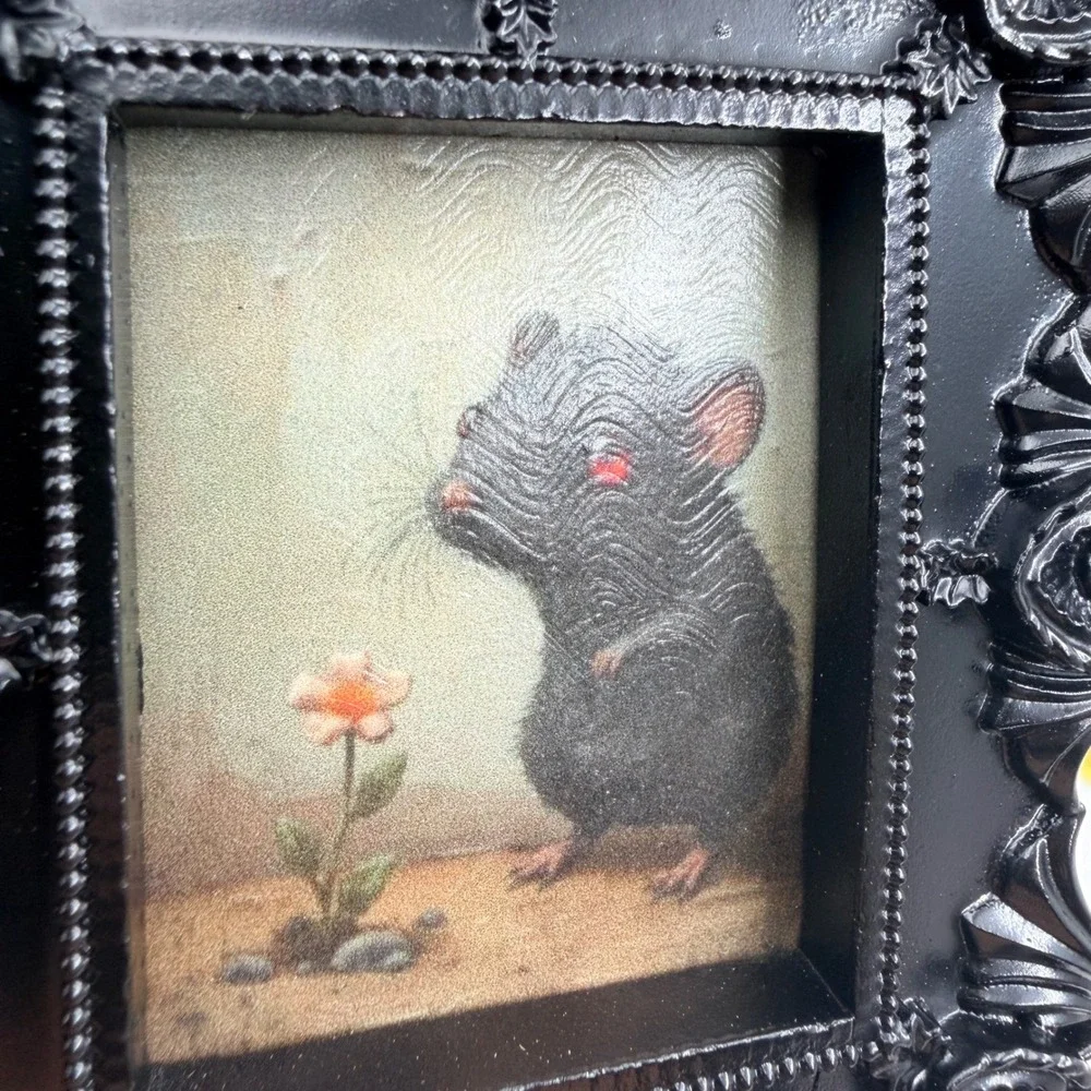 Handcrafted Ornate Black Resin Frame Miniature Mouse Decoupage Art Print